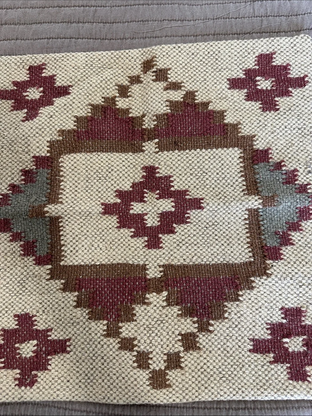 Handwoven Cream and Burgundy Geometric Throw Pillow Cover 18” Sq by Trade Star.